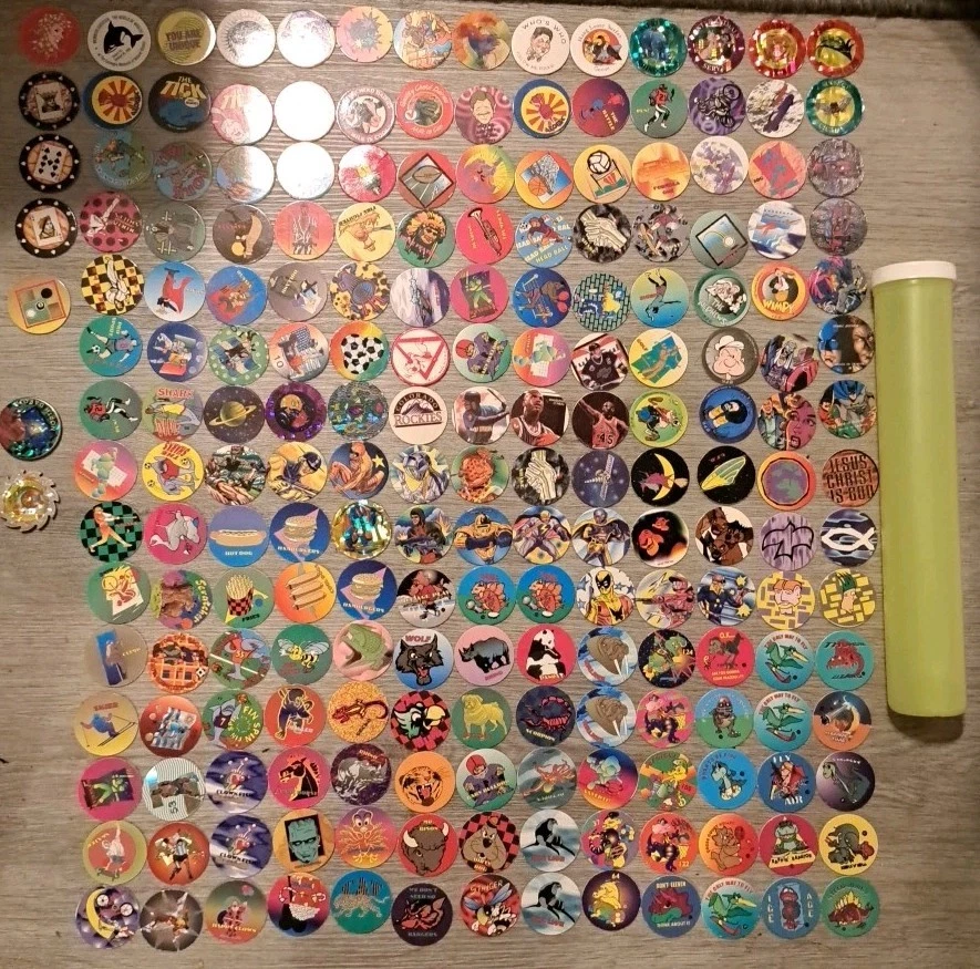 Mixed Lot Of 100 1990's POGS Milkcaps w/ Storage Tube